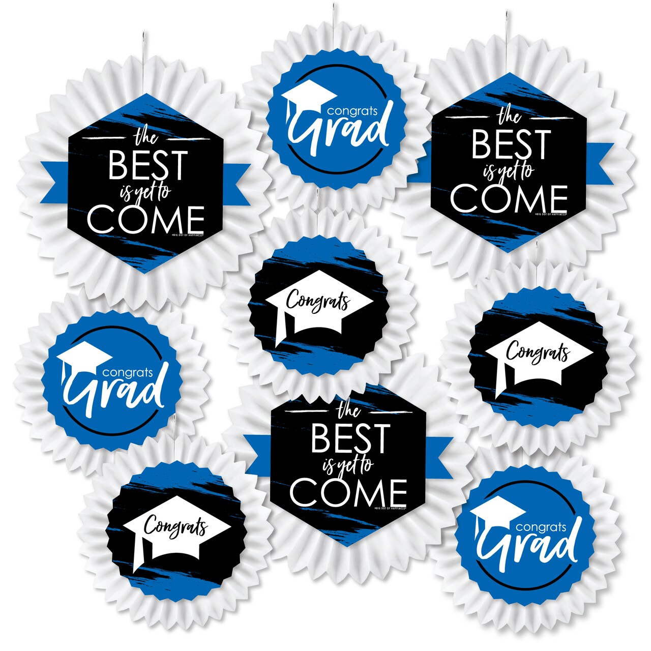 Big Dot of Happiness Blue Grad - Best is Yet to Come - Hanging Royal Blue Graduation Party Tissue Decoration Kit - Paper Fans - Set of 9